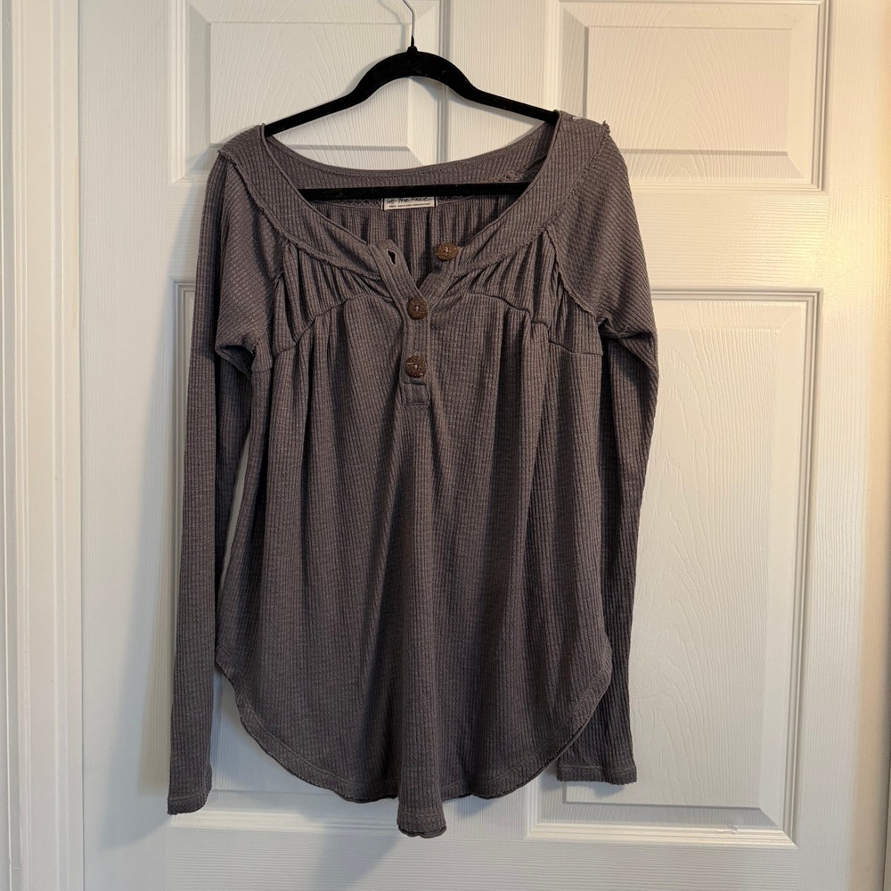 Free People We The Free Henley Top Gray Small Boho Waffle Knit Casual Loungewear